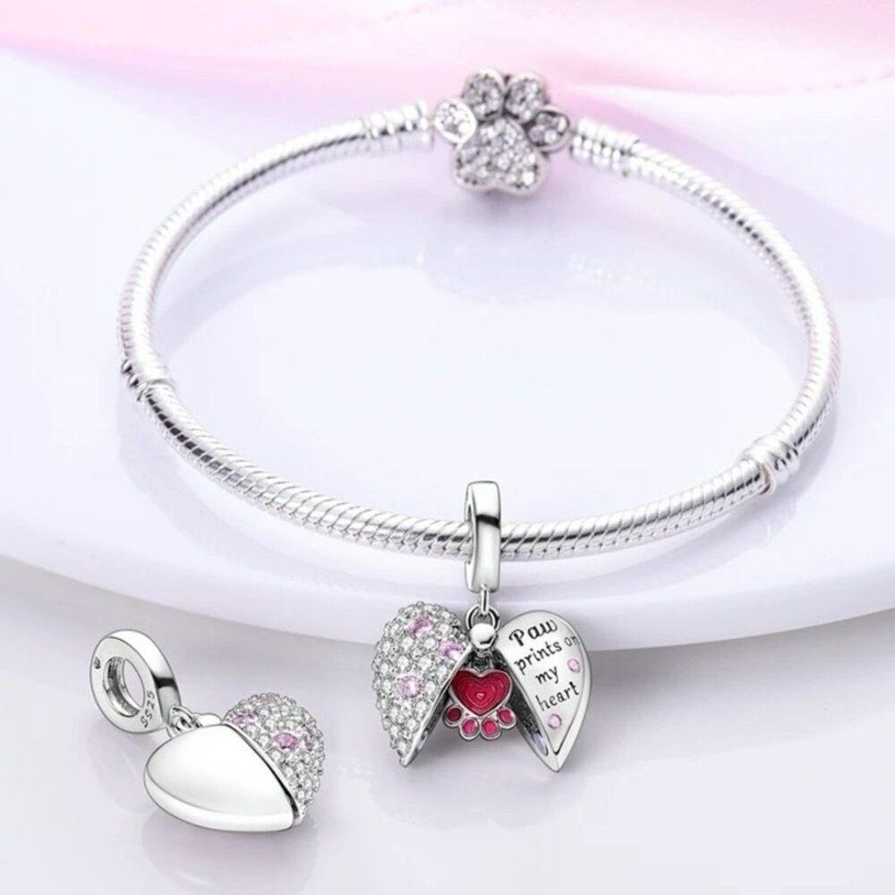 NWOT Paw Print Love Heart Silver Dangle Pandora Fit Charm